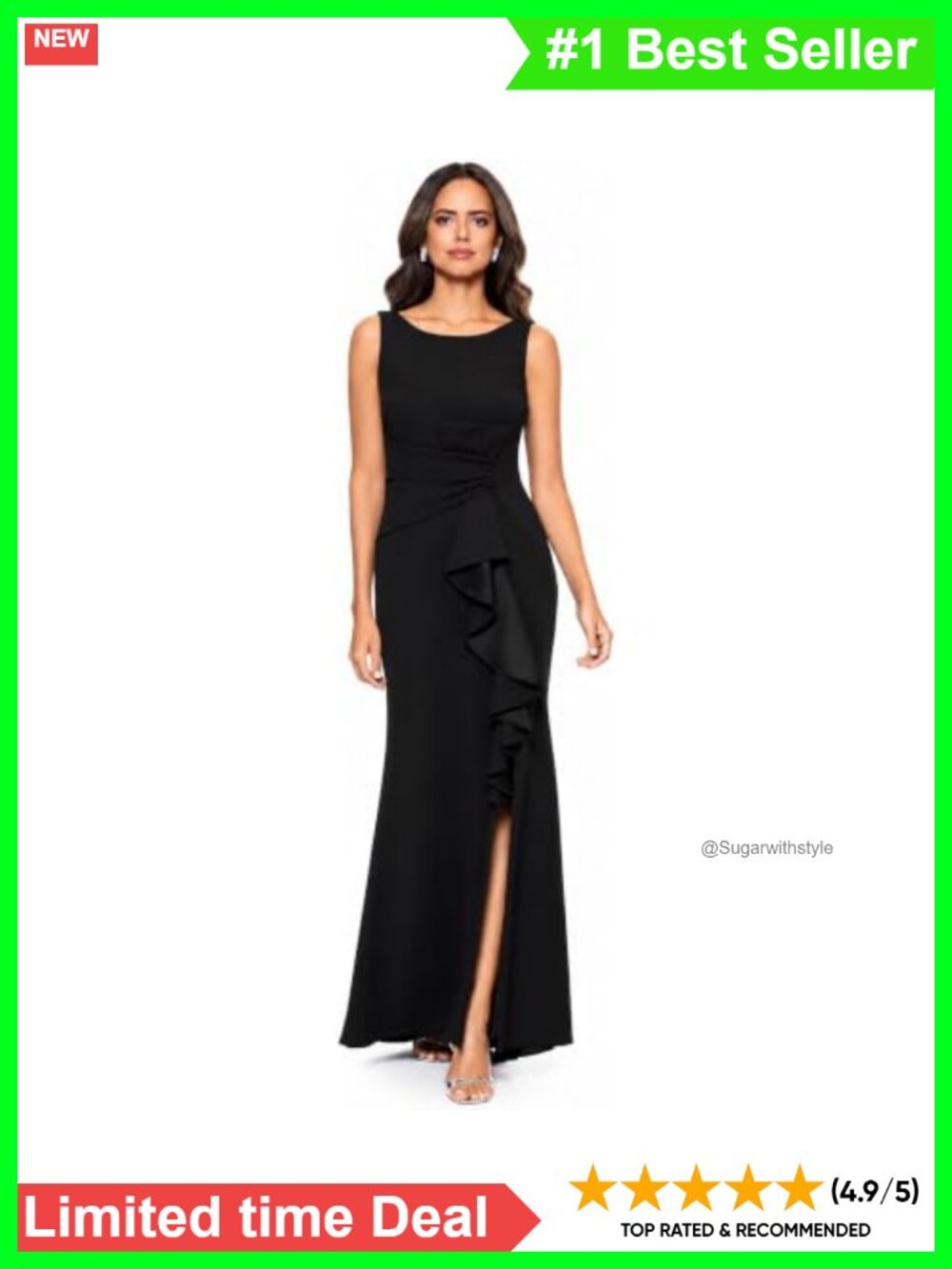 Scuba Crepe Long Bodycon Sleeveless Boat Neck Evening Gown Side Slit Ruffle